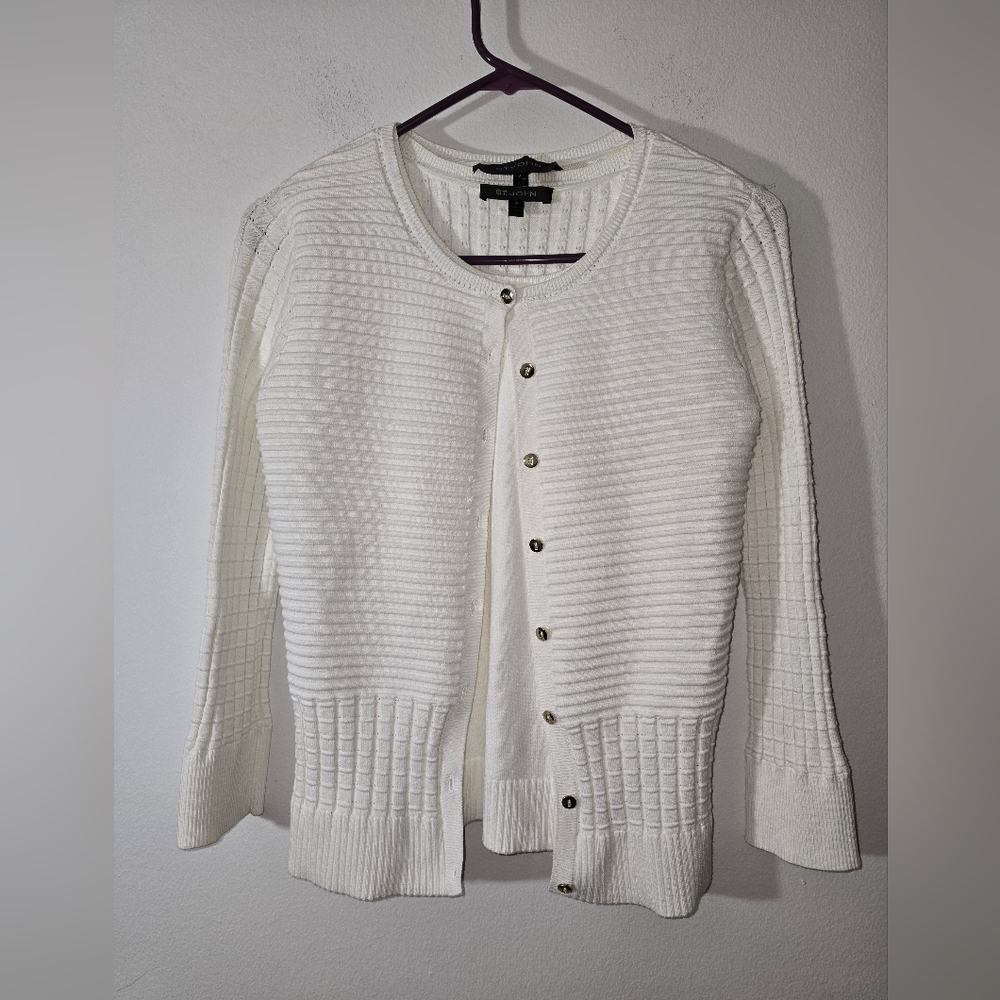 St. JOHN black label textured knit cardigan with buttons sweater set siz…